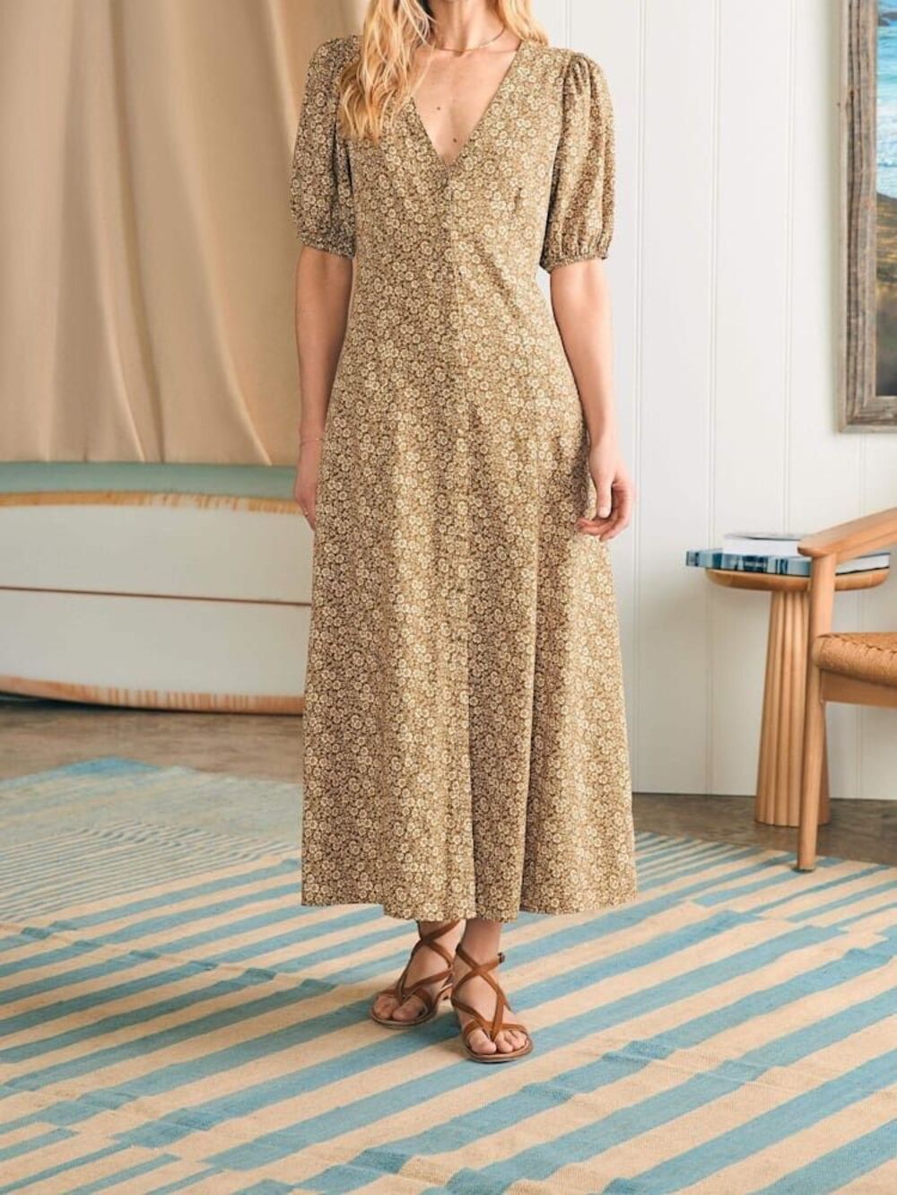 Faherty Havana Linen Blend Midi Dress in Butternut Ditsy Floral Medium